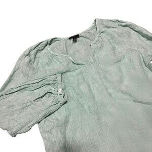 Talbots Petites SP Green Striped Linen Tunic Top V Neck Long Sleeve Womens